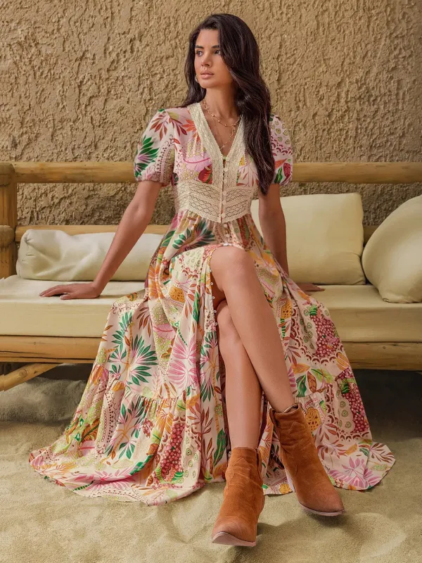 Lace Trim Floral Print Puff Sleeve Dress sold by Charming Charlie