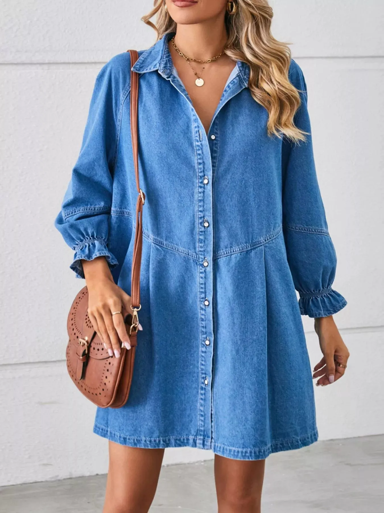 Button-Front Ruffle Cuff Denim Dress sold by Charming Charlie