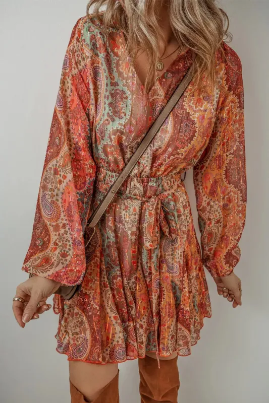 Boho Paisley Print Long Sleeve Mini Dress sold by Charming Charlie