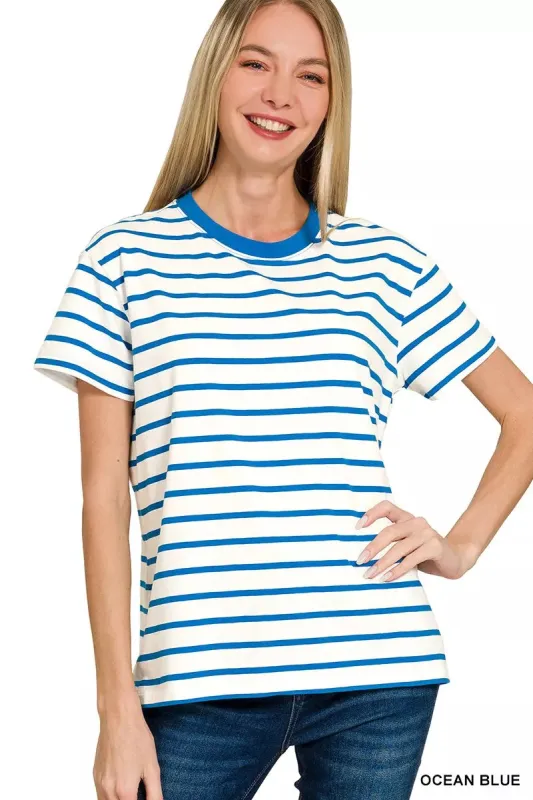 Zenana Striped Round Neck Short Sleeve T-Shirt sold by Charming Charlie