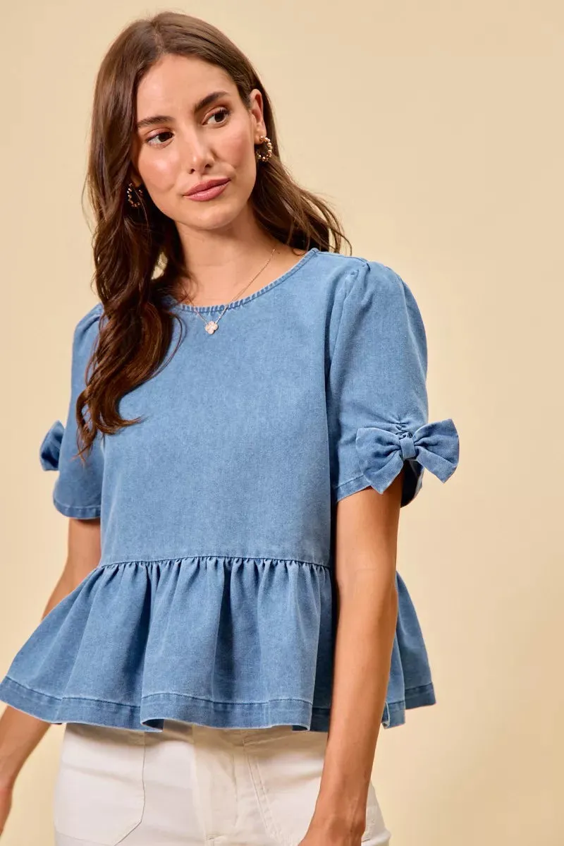 SO ME Denim Bow Detail Short Sleeves Peplum Top sold by Charming Charlie product image thumbnail 5