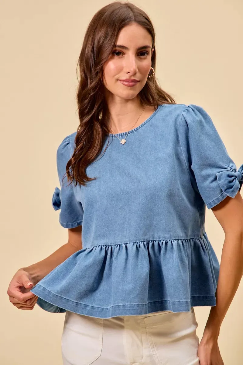 SO ME Denim Bow Detail Short Sleeves Peplum Top sold by Charming Charlie product image thumbnail 2