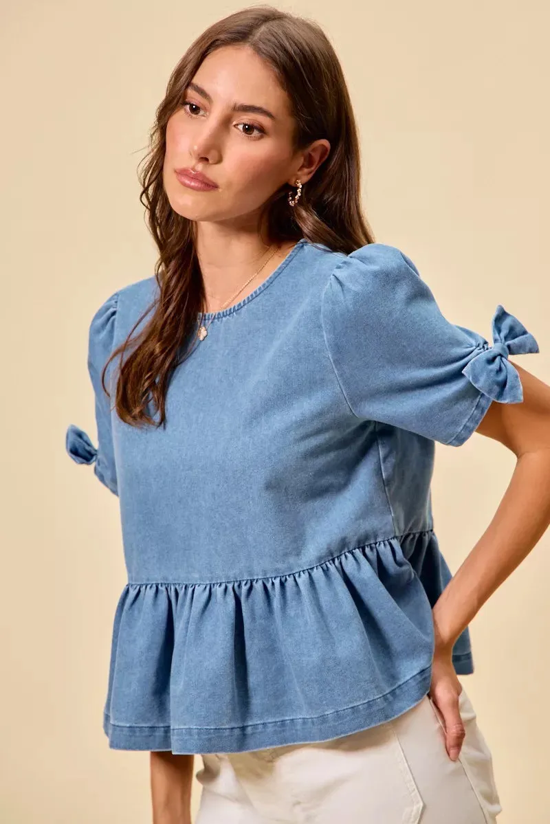 SO ME Denim Bow Detail Short Sleeves Peplum Top sold by Charming Charlie product image thumbnail 4