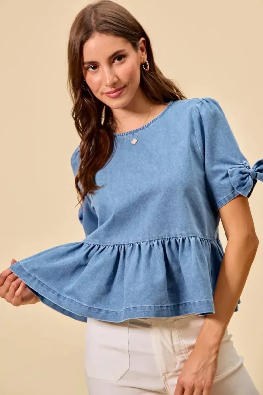 SO ME Denim Bow Detail Short Sleeves Peplum Top sold by Charming Charlie