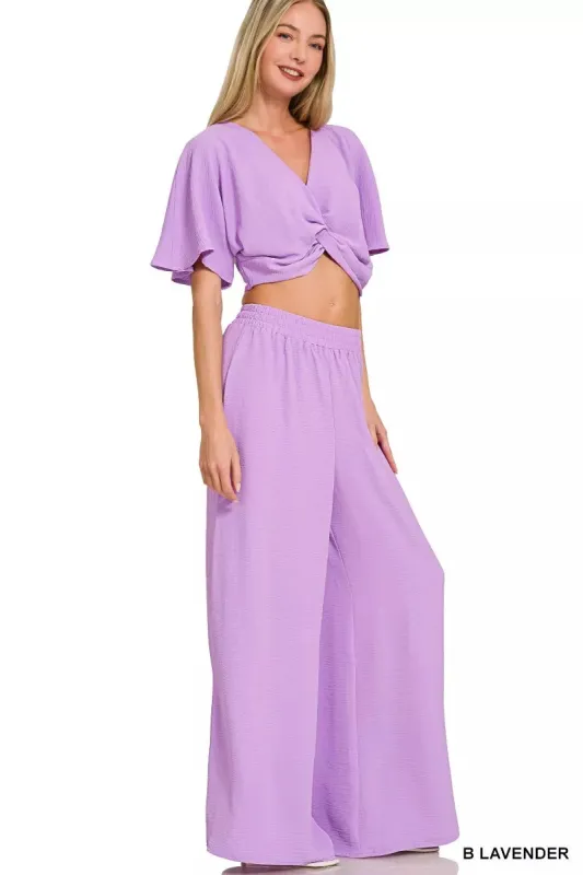 Zenana Woven Airflow Twisted Top & Wide Leg Pants Set made by Trendsi