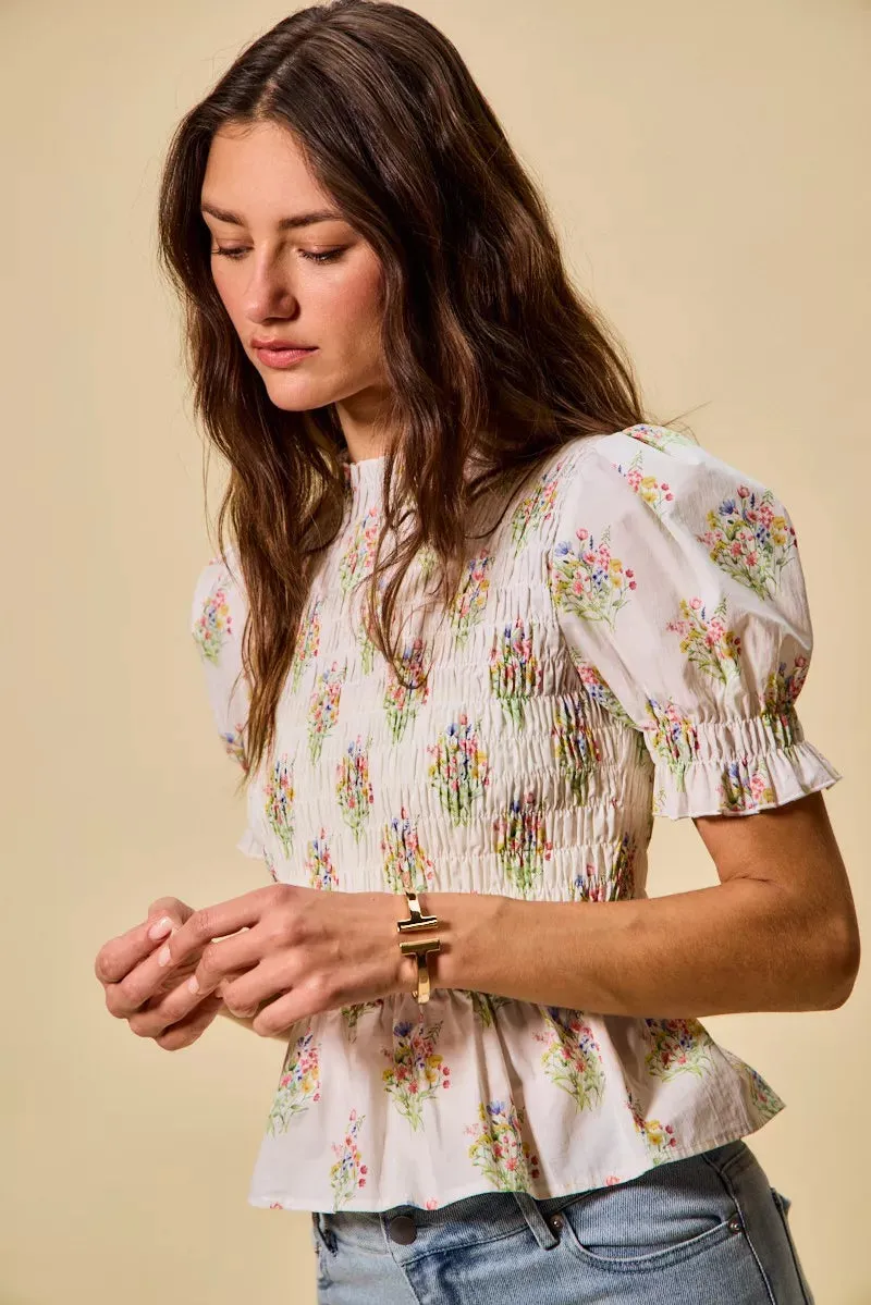 SO ME Floral Cotton Smocked Short Sleeves Blouse sold by Charming Charlie product image thumbnail 5