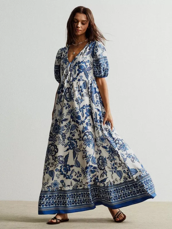 Floral Print Tie-Neck Puff Sleeve Maxi Dress sold by Charming Charlie