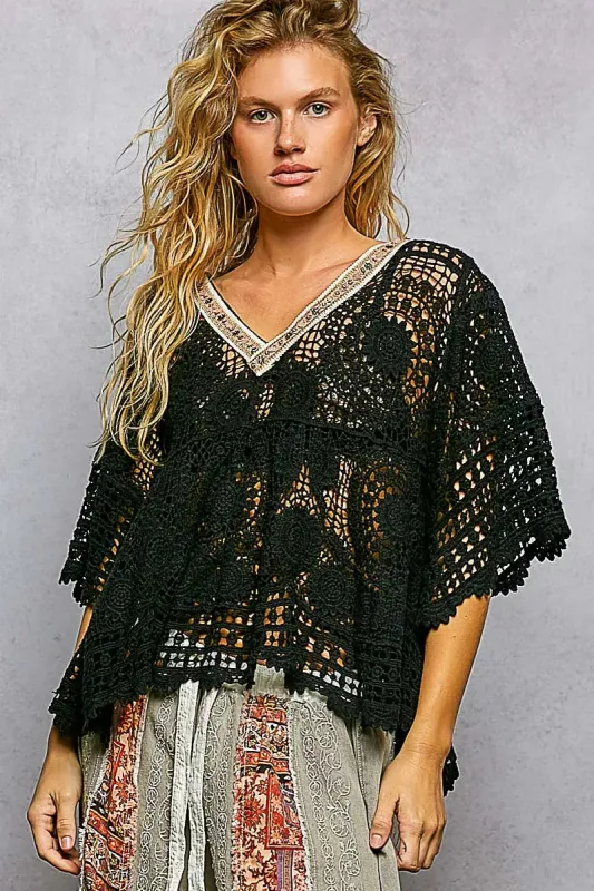 POL V-Neck Crochet Top with Scalloped Hem sold by Charming Charlie