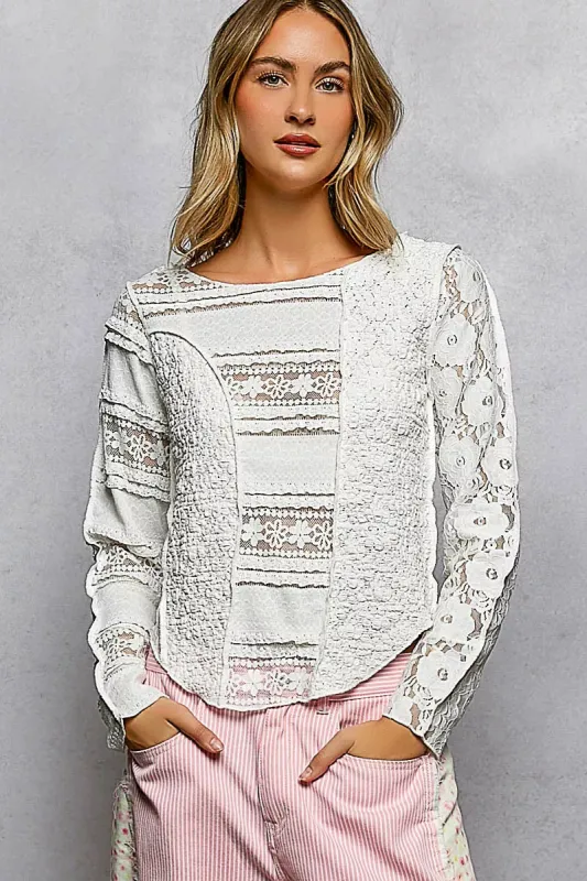 POL Round Neck Long Sleeve Exposed Seam Top with Lace Detail made by Trendsi