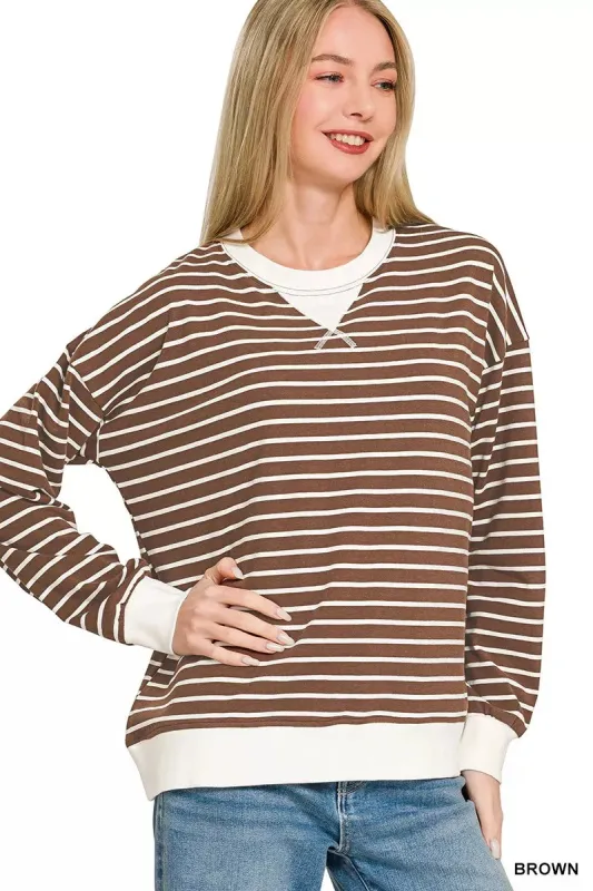 Zenana Contrast Striped Round Neck Sweatshirt made by Trendsi