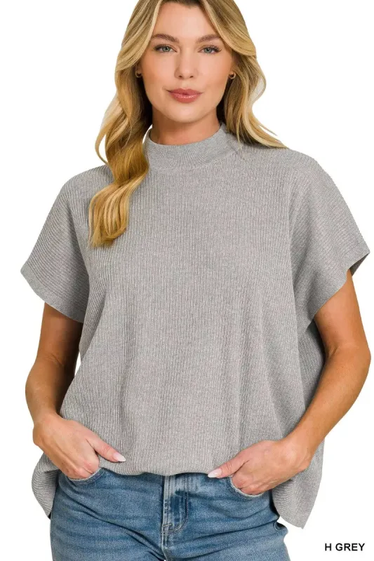 Zenana Viscose Mock Neck Short Sleeve Boxy Sweater made by Trendsi