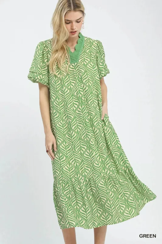 Umgee Leaf Print Ruffle Neck Midi Dress sold by Charming Charlie