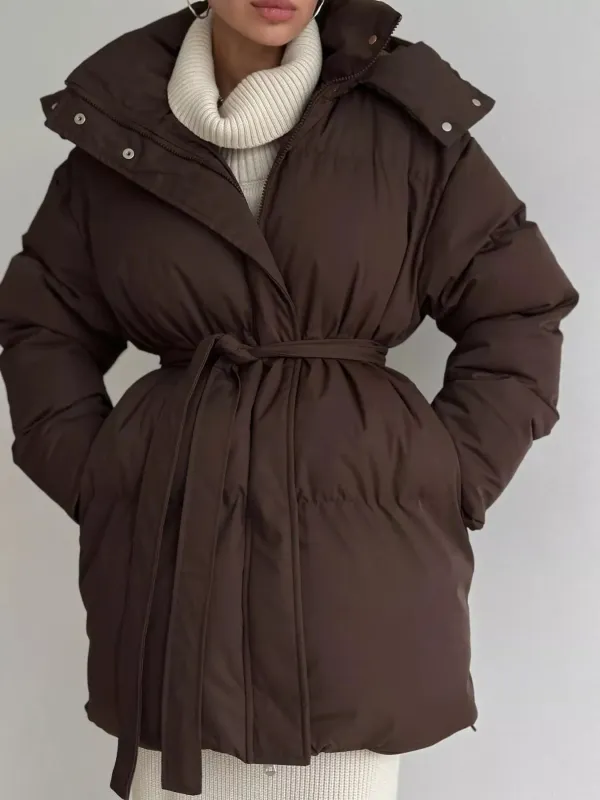 Mid-Length Thickened Hooded Winter Coat with Belted made by Trendsi