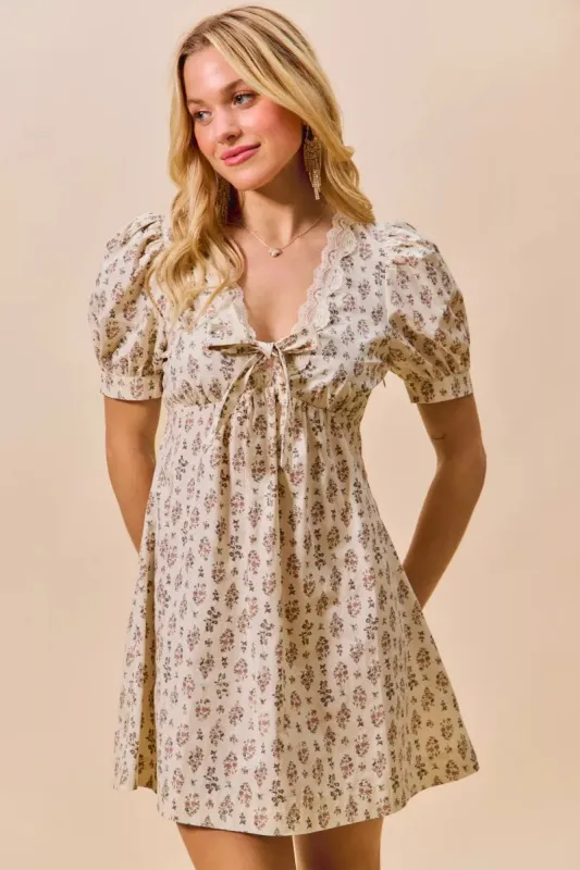 SO ME Floral Print Lace Trim Short Sleeves Mini Dress made by Trendsi