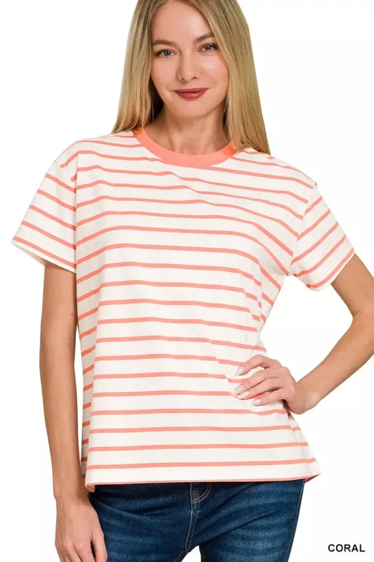 Zenana Striped Round Neck Short Sleeve T-Shirt sold by Charming Charlie