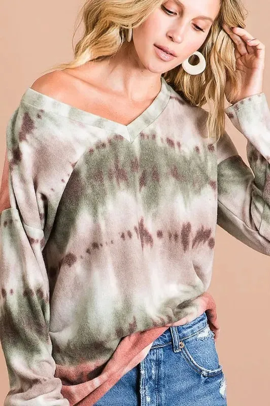 BiBi Brushed Tie Dye Looking Print V Neck Top sold by Charming Charlie