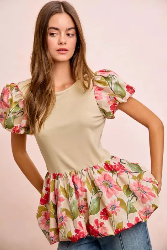 BiBi Floral Printed Bubble Sleeves and Hem Peplum Top sold by Charming Charlie