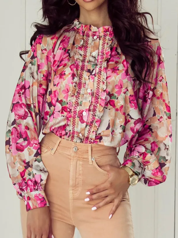 Floral Print Ruffle Trim Long Sleeve Shirt sold by Charming Charlie