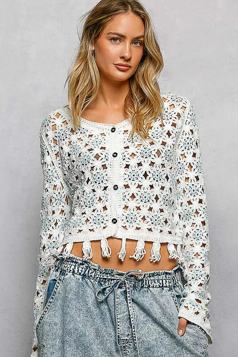 POL Openwork Floral Crochet Cardigan with Tassel Hem sold by Charming Charlie