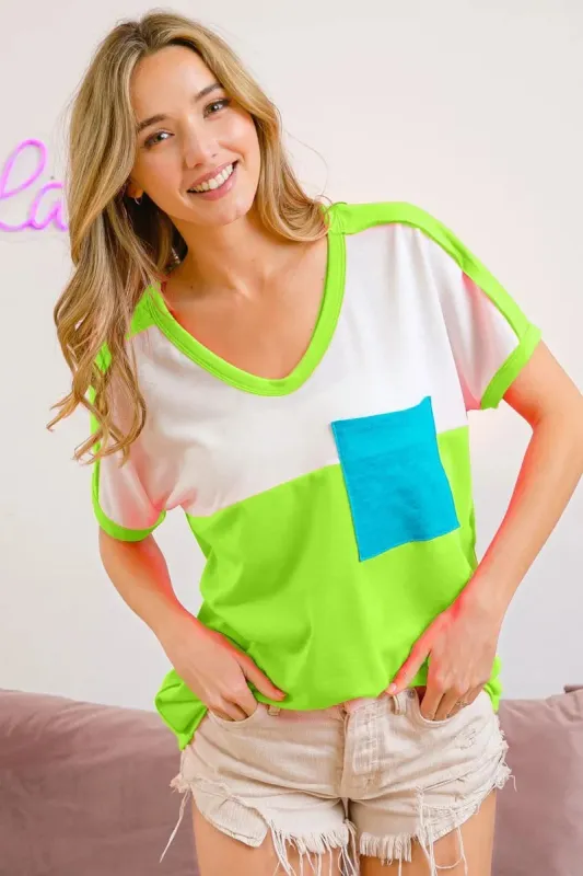 BiBi Color Block Neon Trim Pocket T-Shirt made by Trendsi
