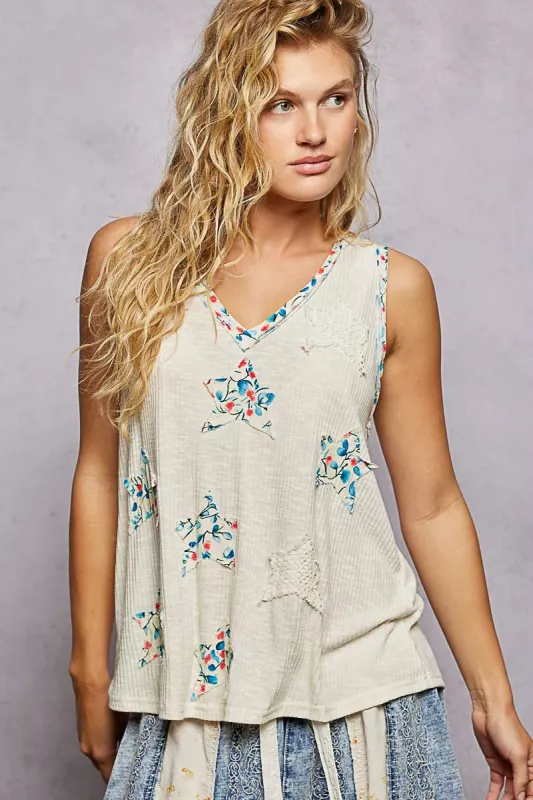 POL Floral Print Star Patch V-Neck Ribbed Tank sold by Charming Charlie