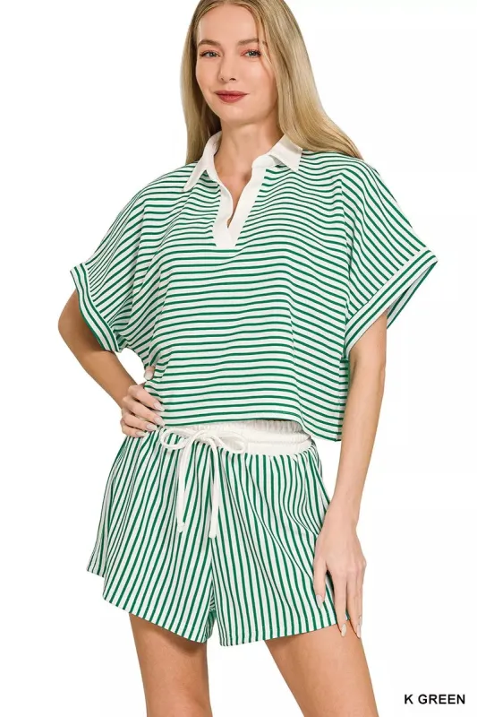 Zenana Striped Collared Top & Shorts Set made by Trendsi