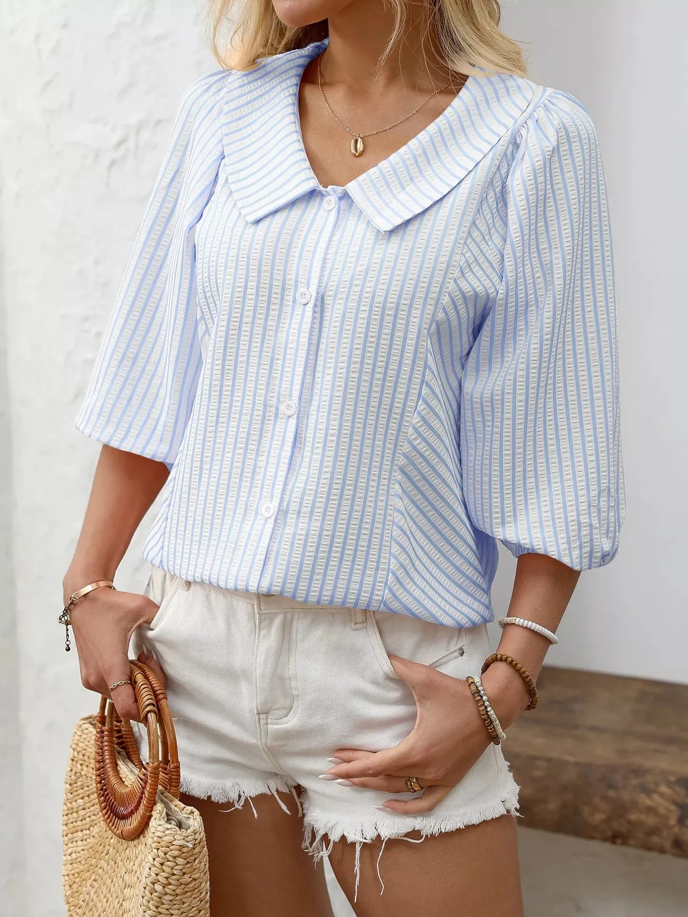 Striped Peter Pan Collar Puff Sleeve Shirt sold by Charming Charlie product image thumbnail 5