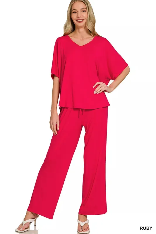 Zenana V-neck Oversized Top & Pants Set made by Trendsi