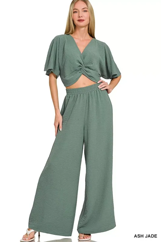 Zenana Woven Airflow Twisted Top & Wide Leg Pants Set made by Trendsi