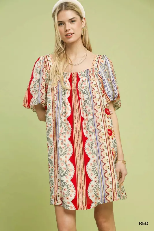 Umgee Mixed Print Puff Sleeve Mini Dress sold by Charming Charlie