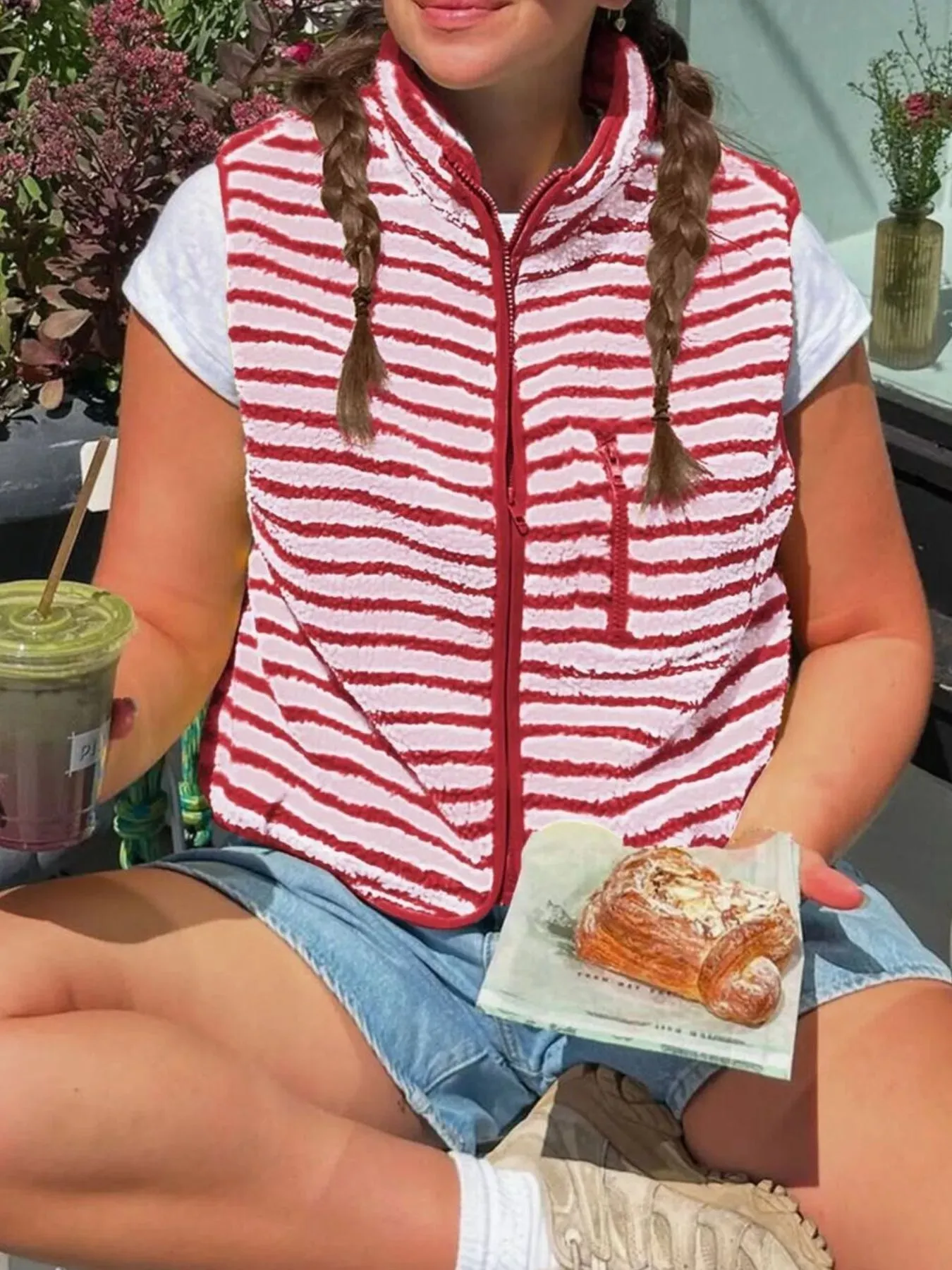 Striped Fleece Zip-Up Vest Coat sold by Charming Charlie product image thumbnail 4