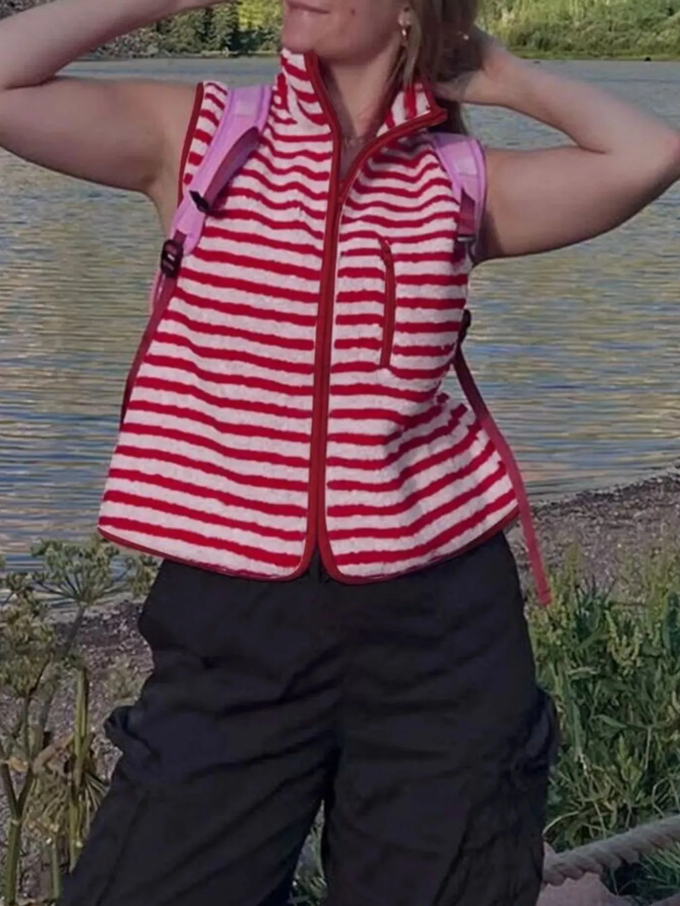 Striped Fleece Zip-Up Vest Coat sold by Charming Charlie product image thumbnail 2