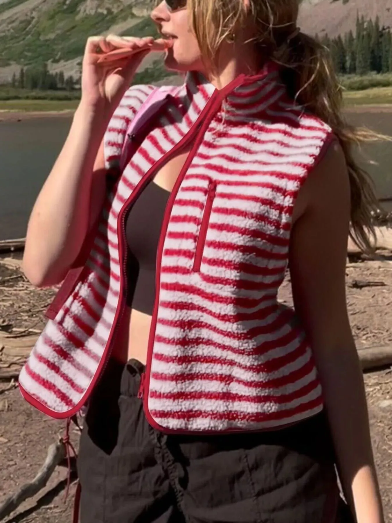 Striped Fleece Zip-Up Vest Coat sold by Charming Charlie product image thumbnail 3