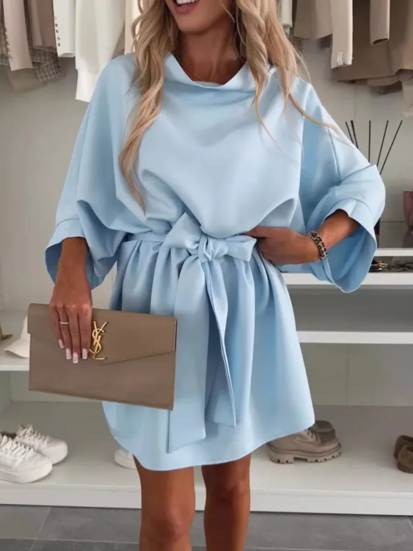 Batwing Sleeve Tie Waist Mini Dress made by Trendsi