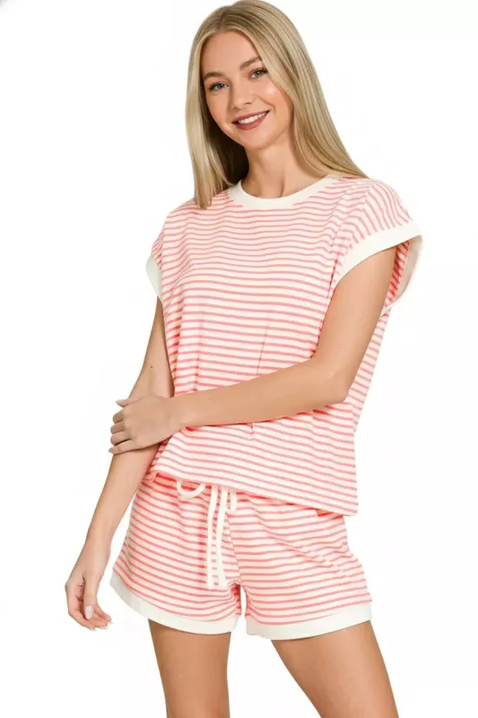 Zenana Stripe Contrast Trim Top & Shorts Set made by Trendsi