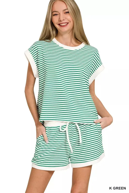 Zenana Stripe Contrast Trim Top & Shorts Set made by Trendsi