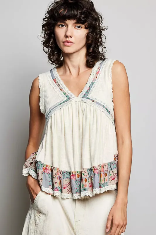 POL Lace Detail Ruffled Ribbed Sleeveless Top with Floral Pattern Trim Detail sold by Charming Charlie