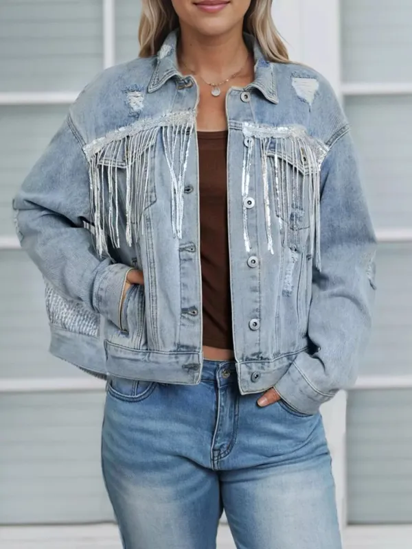 Fringed Sequin Embellished Denim Jacket made by Trendsi