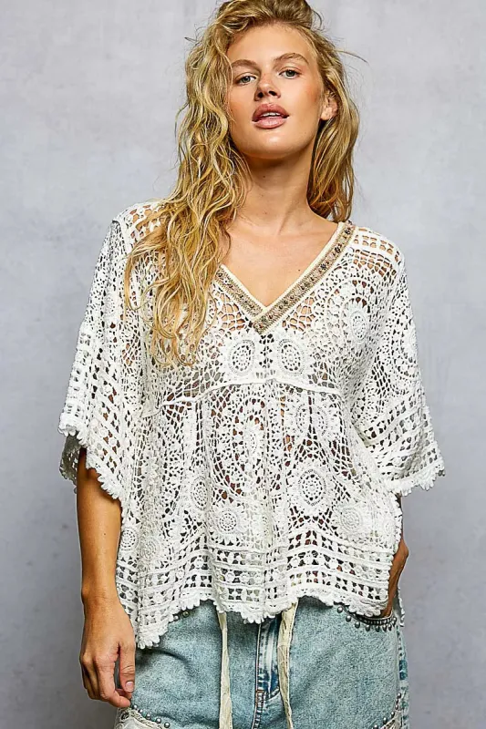 POL V-Neck Crochet Top with Scalloped Hem made by Trendsi