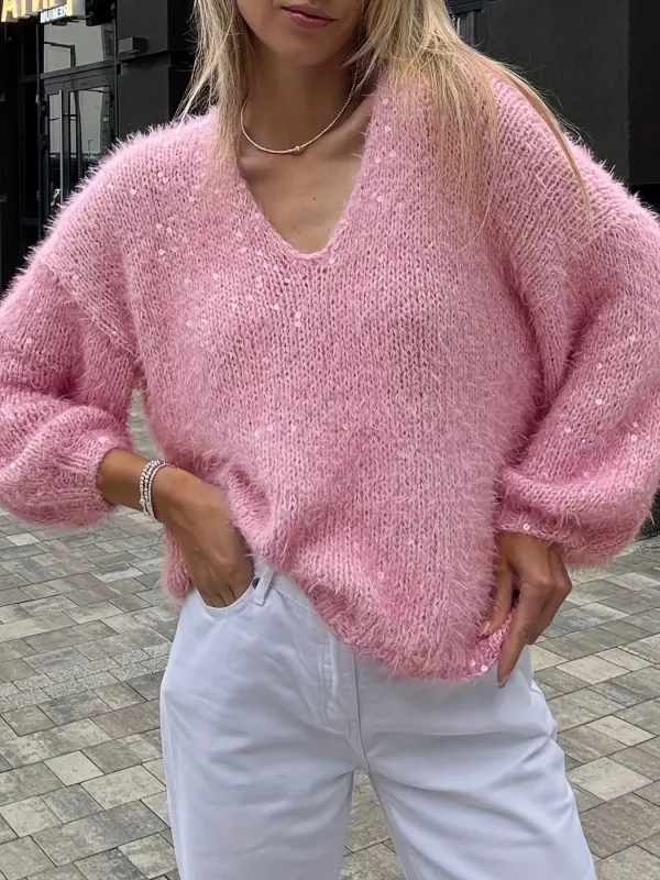 Sparkling Fuzzy V-Neck Knit Top sold by Charming Charlie