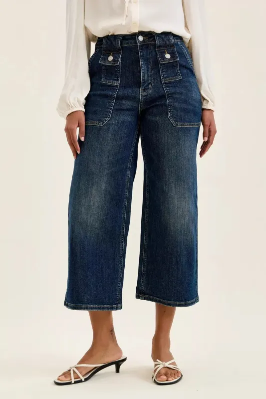 Judy Blue High Waist Wide Crop Utility Jeans with Patch Pocket made by Trendsi