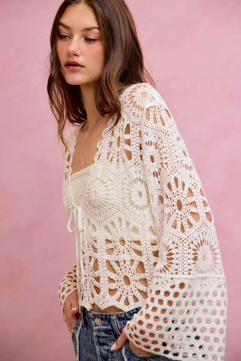 SO ME Floral Pattern Crochet Knit Tie Front Crop Cardigan sold by Charming Charlie product image thumbnail 3
