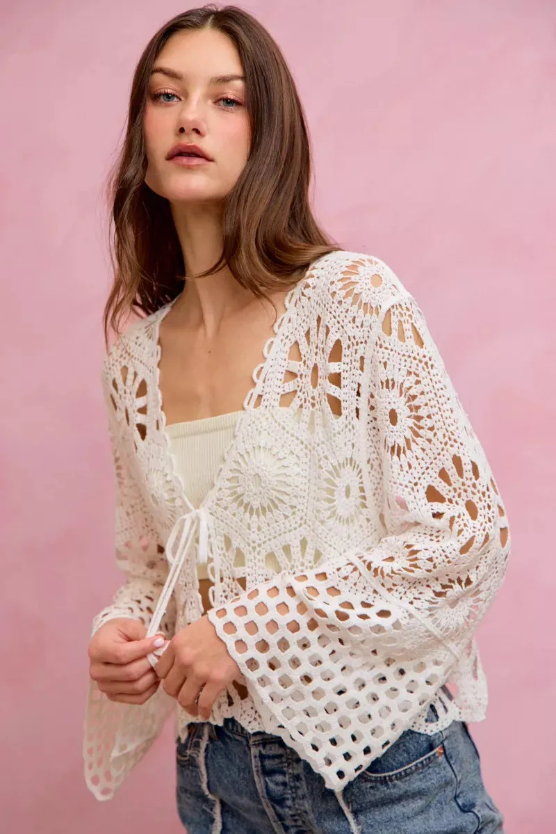 SO ME Floral Pattern Crochet Knit Tie Front Crop Cardigan sold by Charming Charlie product image thumbnail 4