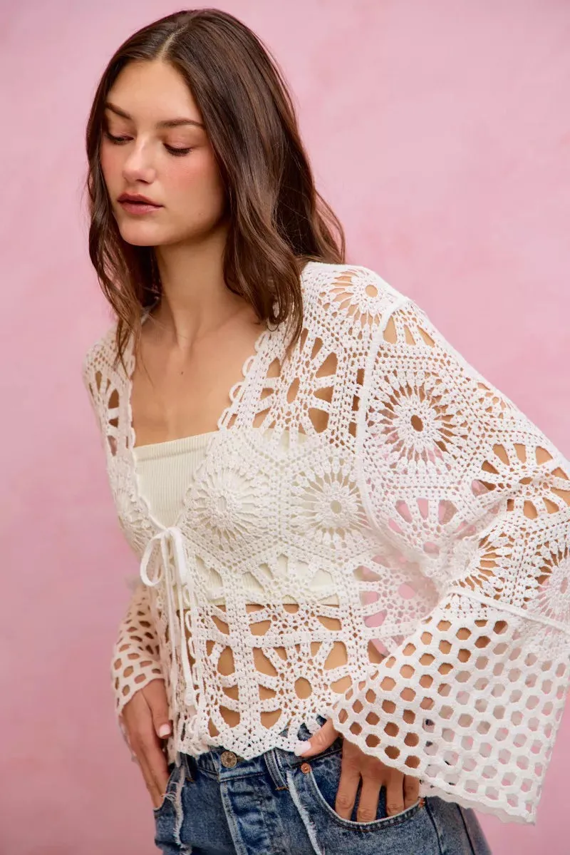 SO ME Floral Pattern Crochet Knit Tie Front Crop Cardigan sold by Charming Charlie product image thumbnail 5