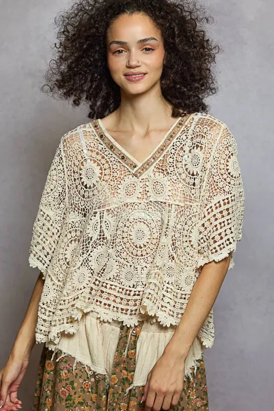 POL V-Neck Crochet Top with Scalloped Hem sold by Charming Charlie