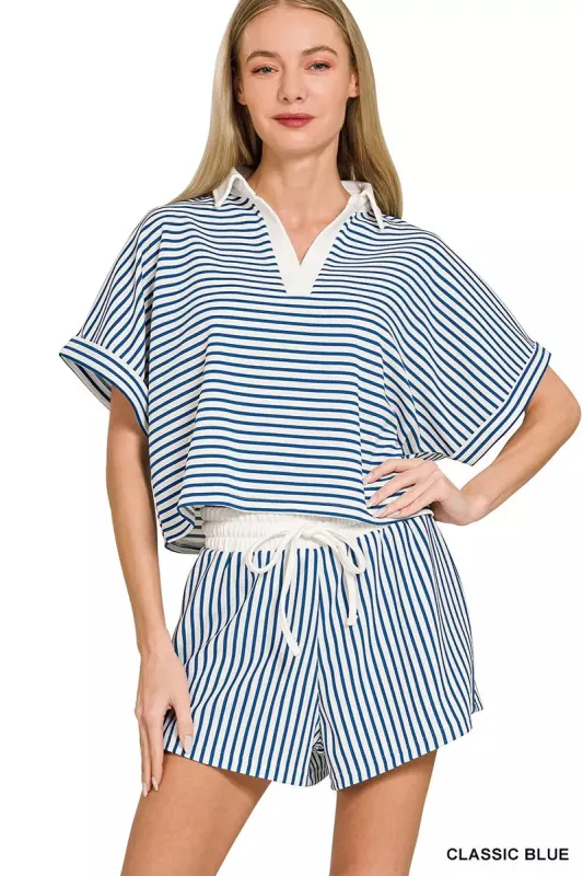 Zenana Striped Collared Top & Shorts Set made by Trendsi