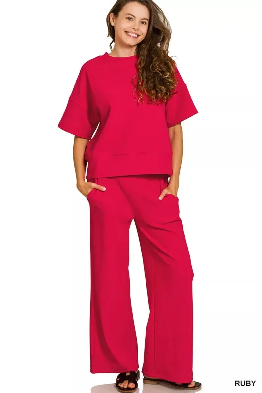 Zenana Ribbed Round Neck Tee & Pants Set made by Trendsi