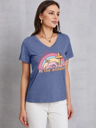 JESUS IS THE ANSWER V-Neck Short Sleeve T-Shirt sold by Charming Charlie