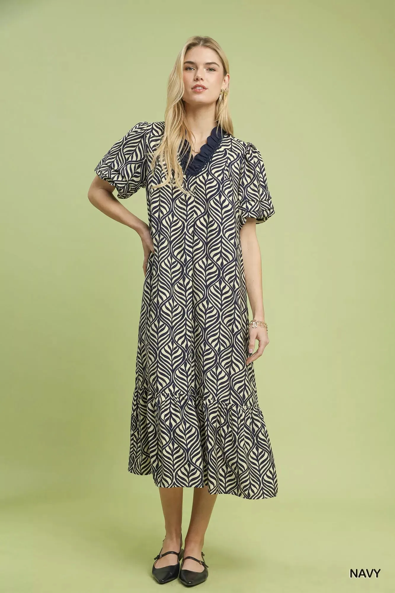 Umgee Leaf Print Ruffle Neck Midi Dress sold by Charming Charlie product image thumbnail 5