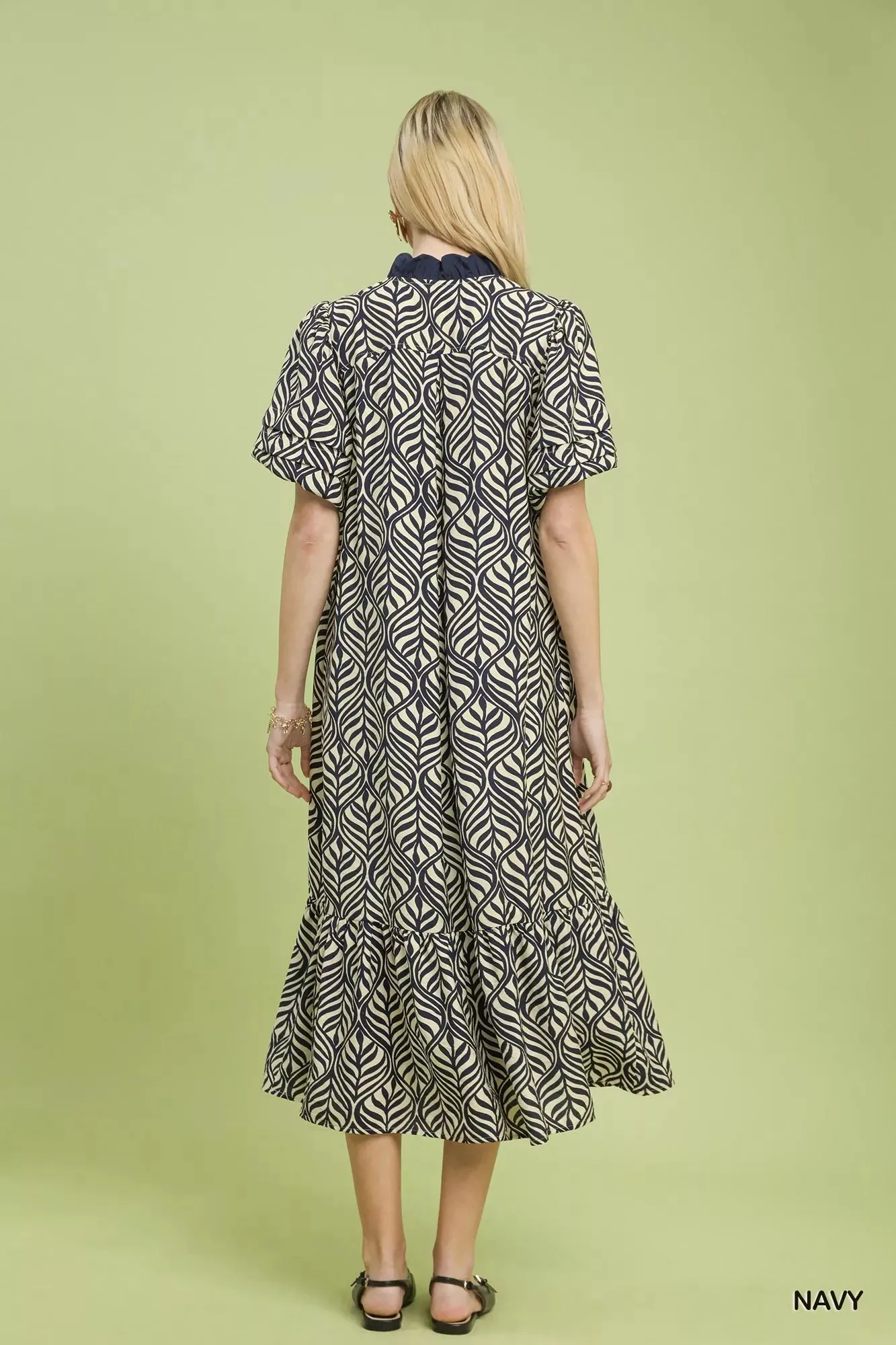 Umgee Leaf Print Ruffle Neck Midi Dress sold by Charming Charlie product image thumbnail 3